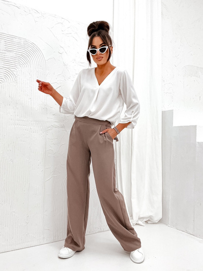 Spodnie damskie dzwony szeroka nogawka eleganckie 8247 - czekoladowy