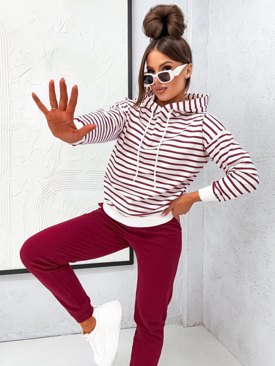 Bawełniany dres damski bluza w paski + jednolite spodnie 82173 - bordo