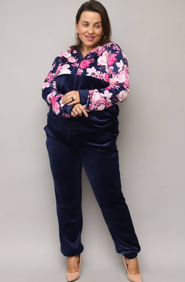 Welurowy dres damski PLUS SIZE bluza w kwiaty + jednolite spodnie - granatowy