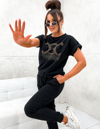 Dres bawełniany bluza z krótkim rękawem zdobiona cekinami 8279 - czarny