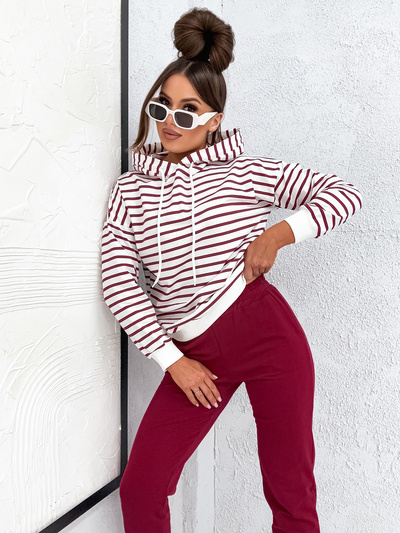 Bawełniany dres damski bluza w paski + jednolite spodnie 82173 - bordo