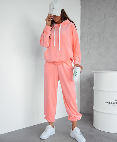 Damski dres welurowy bluza z kapturem + spodnie z lampasem 508 - brzoskwiniowy