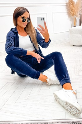 Welurowy komplet dresowy z bluzą na zamek - granatowy