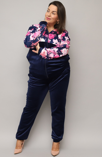 Welurowy dres damski PLUS SIZE bluza w kwiaty + jednolite spodnie - granatowy