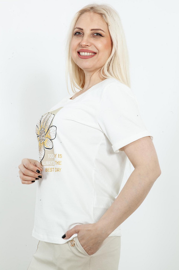 Sabra koszulka damska z motywem stokrotki 24Y09B0117 - beż