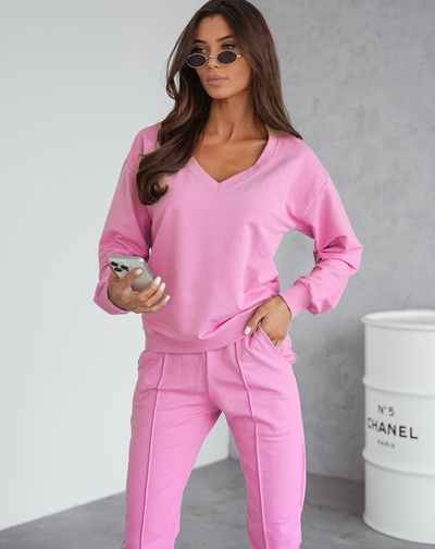 Dres damski bawełniany bluza wkładana przez głowę + spodnie z przeszyciem VE59 - różowy