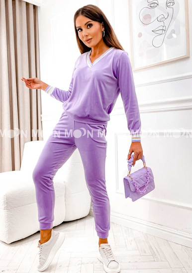 Dres welurowy damski z ozdobnymi wstawkami - fiolet