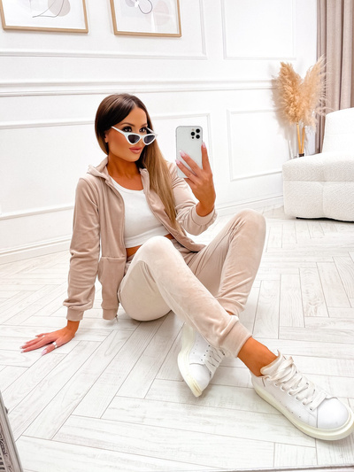 Welurowy komplet dresowy z bluzą na zamek - beżowy
