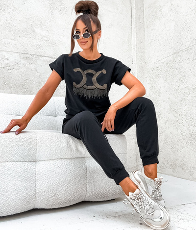 Dres bawełniany bluza z krótkim rękawem zdobiona cekinami 8279 - czarny