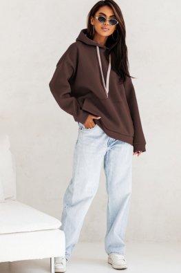 Bawełniana bluza oversize z kapturem 82131 - czekoladowy