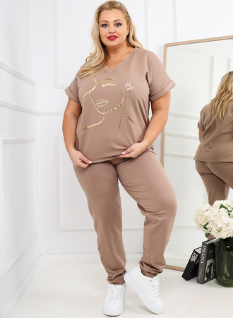 Dres bawełniany z koszulką z krótkim rękawem 8278 Plus Size - Cappuccino