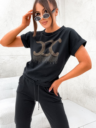 Dres bawełniany bluza z krótkim rękawem zdobiona cekinami 8279 - czarny