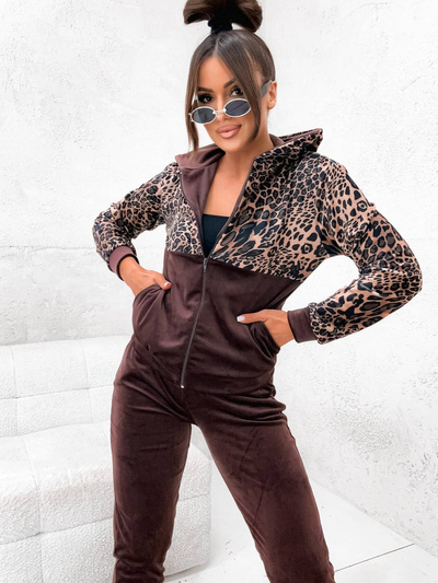 Dres welurowy z rozpinaną bluzą w panterkę 8210A - czekoladowy