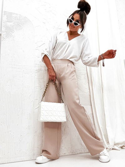 Spodnie damskie dzwony szeroka nogawka eleganckie - beżowy