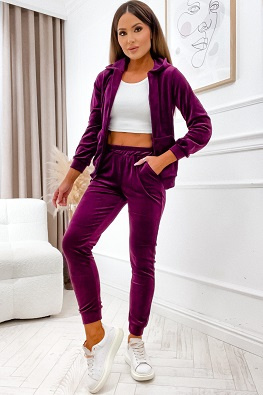Welurowy komplet dresowy z bluzą na zamek - bordowy