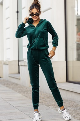 Welurowy komplet dresowy z bluzą na zamek - butelkowa zieleń