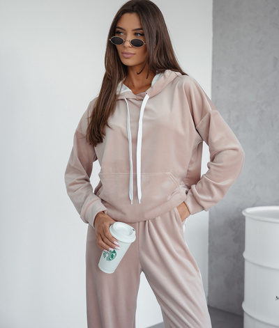 Damski dres welurowy bluza z kapturem + spodnie z lampasem 508 - beżowy