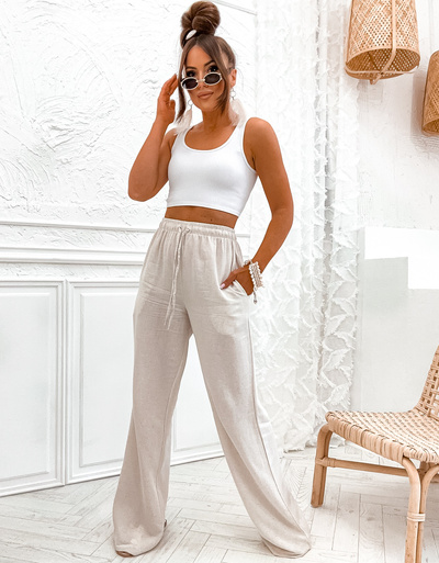 Szerokie spodnie lniane z gumką w pasie VE48B - beżowy