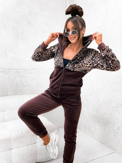 Dres welurowy z rozpinaną bluzą w panterkę 8210A - czekoladowy