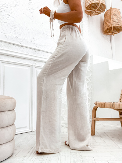 Szerokie spodnie lniane z gumką w pasie VE48B - beżowy