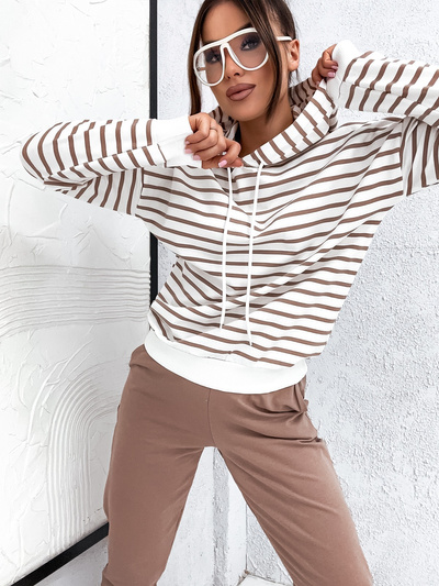 Bawełniany dres damski bluza w paski + jednolite spodnie 82173 - cappuccino