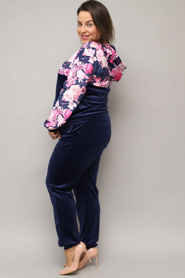 Welurowy dres damski PLUS SIZE bluza w kwiaty + jednolite spodnie - granatowy