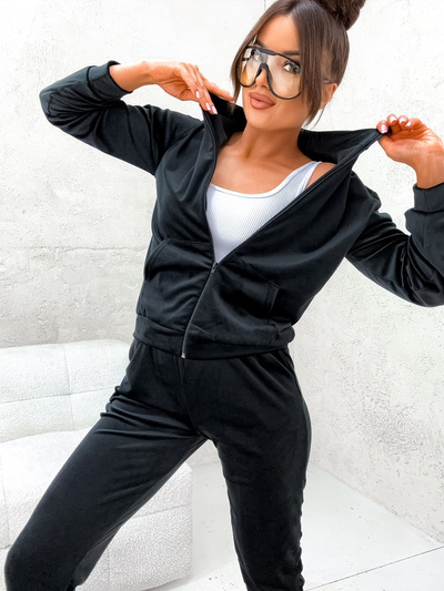 Welurowy dres damski z bluzą na zamek bez kaptura 771 - czarny