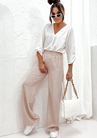 Spodnie damskie dzwony szeroka nogawka eleganckie - beżowy