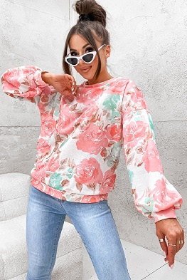 Wzorzysta bluza damska w kwiaty 708 - brzoskwiniowy