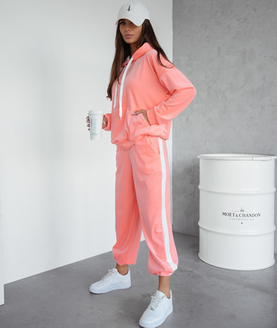 Damski dres welurowy bluza z kapturem + spodnie z lampasem 508 - brzoskwiniowy