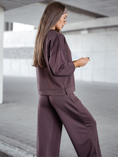 Damski dres z wiskozy bluza wkładana przez głowę + szerokie spodnie 821111 - czekoladowy