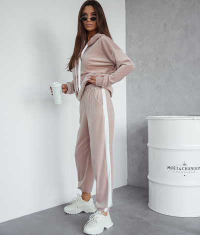 Damski dres welurowy bluza z kapturem + spodnie z lampasem 508 - beżowy