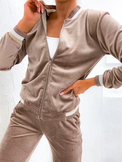 Dres welurowy z bluzą na zamek bez kaptura - cappuccino