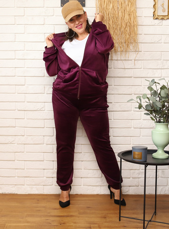 Welurowy komplet dresowy PLUS SIZE z kapturem - bordowy