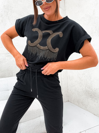 Dres bawełniany bluza z krótkim rękawem zdobiona cekinami 8279 - czarny