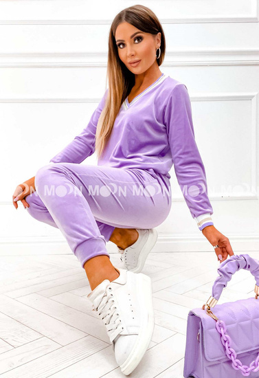 Dres welurowy damski z ozdobnymi wstawkami - fiolet