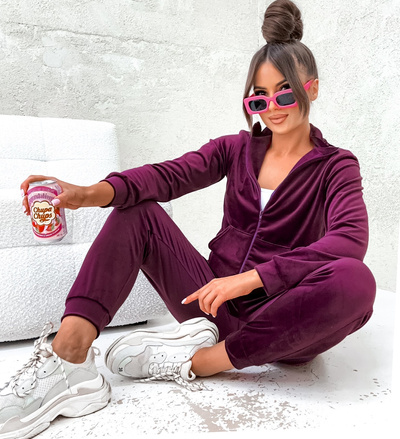 Welurowy dres damski z bluzą na zamek bez kaptura 771 - śliwkowy