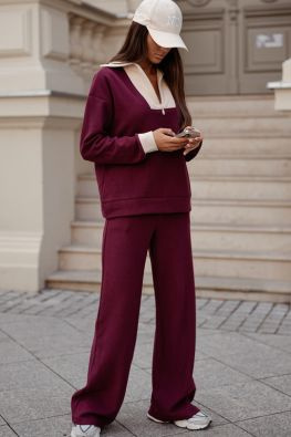 Bawełniany dres z wysokim golfem i suwakiem MOON VE107 bordowy