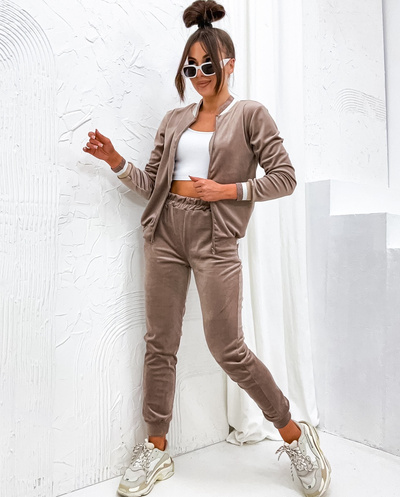 Dres welurowy z bluzą na zamek bez kaptura - cappuccino