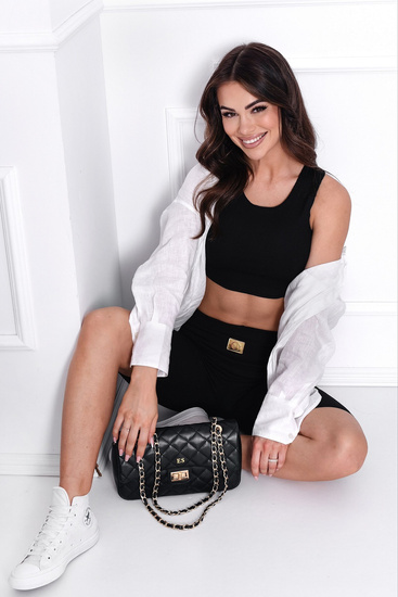 Komplet top i kolarki z wyższym stanem w prążek - czarny