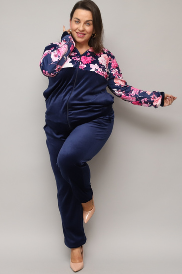 Welurowy dres damski PLUS SIZE bluza w kwiaty + jednolite spodnie - granatowy