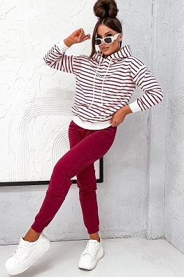Bawełniany dres damski bluza w paski + jednolite spodnie 82173 - bordo
