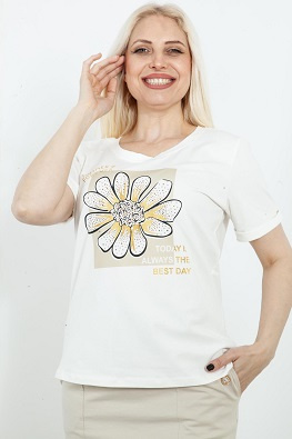Sabra koszulka damska z motywem stokrotki 24Y09B0117 - beż