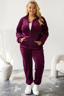 Damski dres welurowy Plus Size z bluzą na zamek 772 - śliwkowy