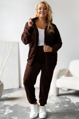 Damski dres welurowy Plus Size z bluzą na zamek 772 - czekoladowy