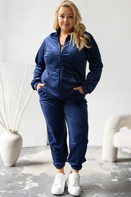 Damski dres welurowy Plus Size z bluzą na zamek 772 - granatowy