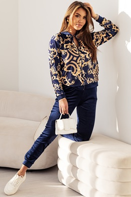 Damski dres welurowy z bluzą na zamek bez kaptura - granatowy